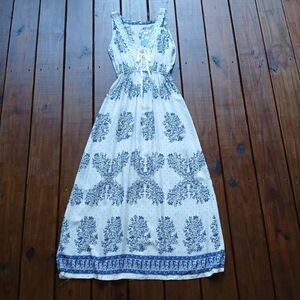 NWT S/M/L white blue floral ribbon corset crochet trim boho maxi dress